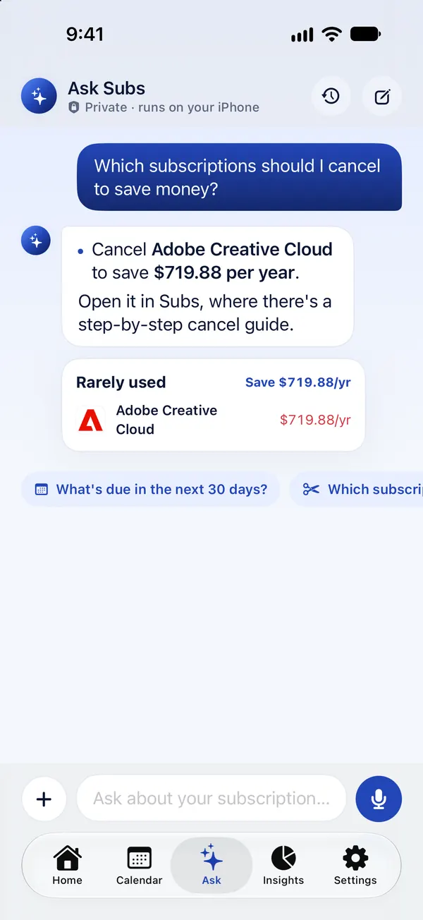 Ask Subs answering which subscriptions to cancel, with the yearly saving for each
