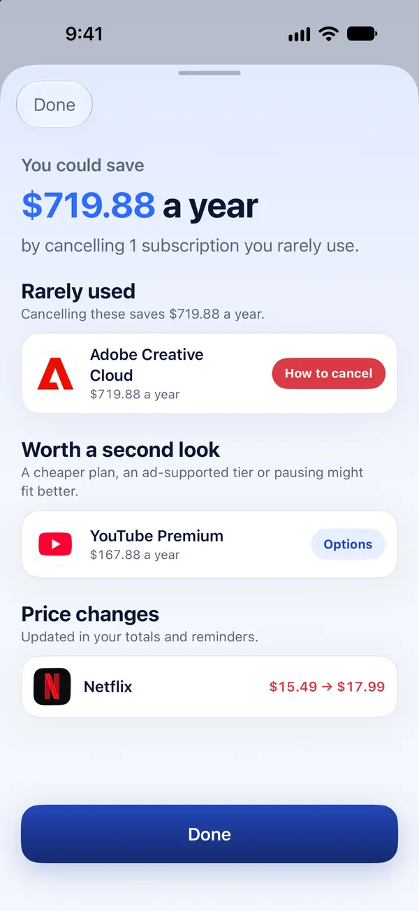 Monthly check-in showing $719.88 a year in savings