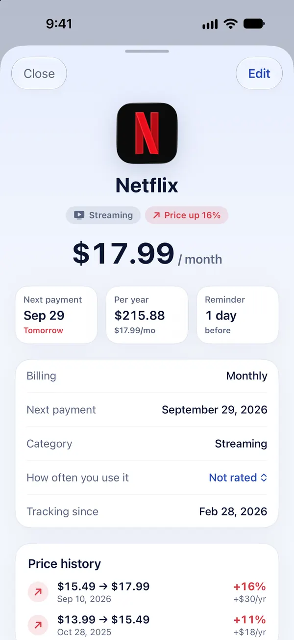 A subscription's detail screen in Subs with its price history and next payment