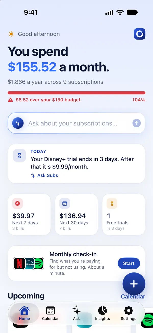 Subs home screen with the monthly total, a budget bar and upcoming payments