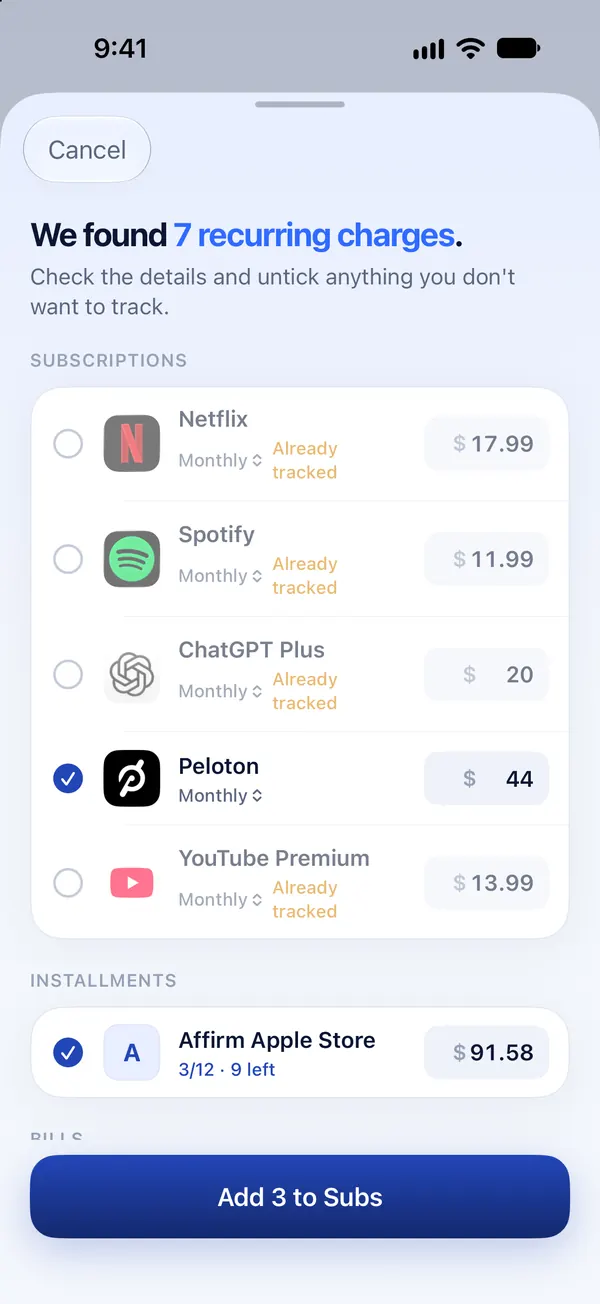 Subs listing the recurring charges it found in an imported card statement