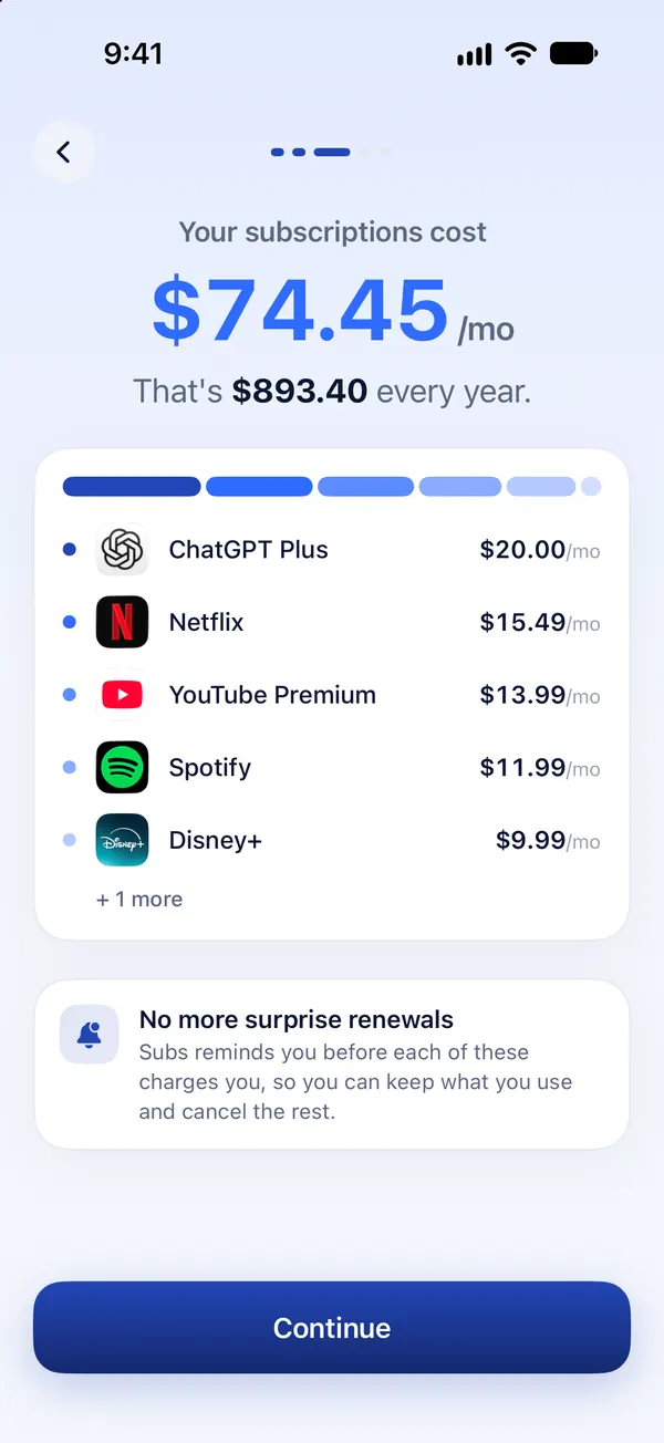 Onboarding showing total yearly subscription cost